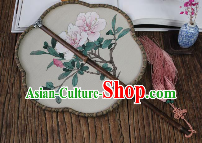 China Traditional Silk Begonia Fan Handmade Azalea Pattern Palace Fan Ancient Princess Court Fan