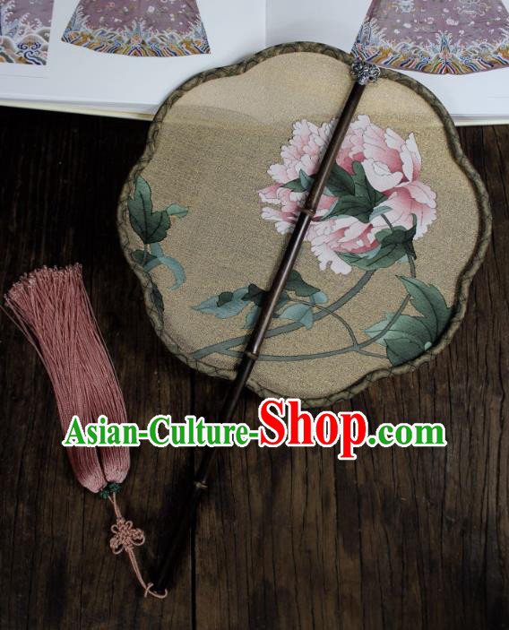 China Ancient Princess Court Fan Traditional Light Yellow Silk Fan Handmade Peony Pattern Palace Fan