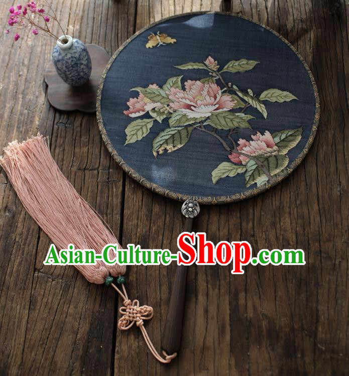 China Handmade Camellia Pattern Palace Fan Ancient Song Dynasty Princess Circular Fan Traditional Navy Silk Fan