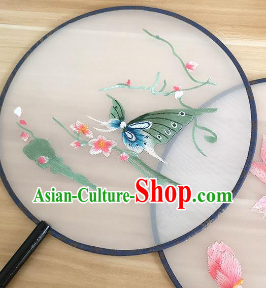 China Embroidered Butterfly Circular Fan Traditional Cultural Dance Silk Fan Handmade Palace Fan