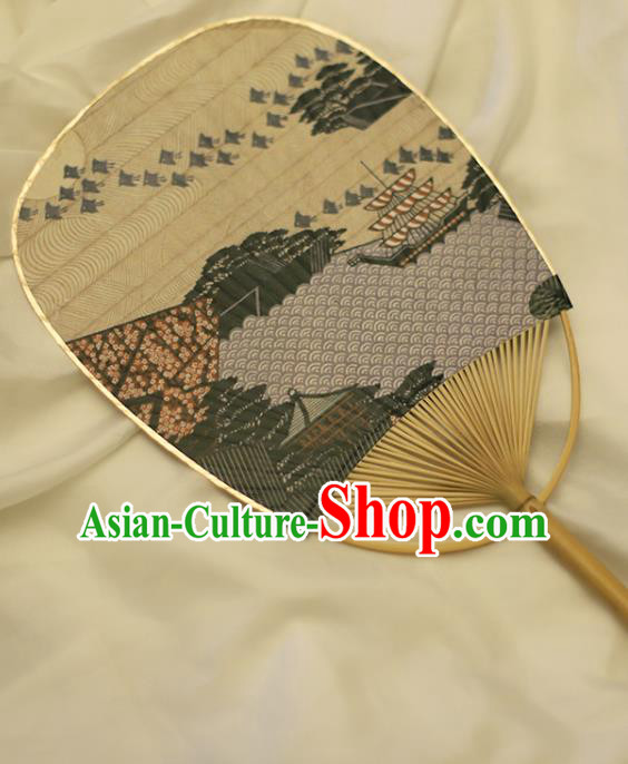 Asian Japanese Paper Fan Handmade Printing Wave Ship Fans Japan Classical Dance Bamboo Fan