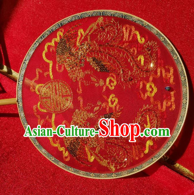 China Traditional Wedding Red Silk Fan Handmade Palace Fan Bride Embroidered Sequins Phoenix Circular Fan