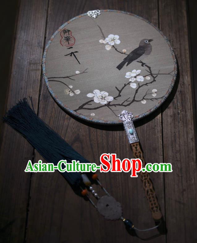China Traditional Plum Blossom Pattern Silk Fan Handmade Palace Fan Ancient Song Dynasty Court Circular Fan