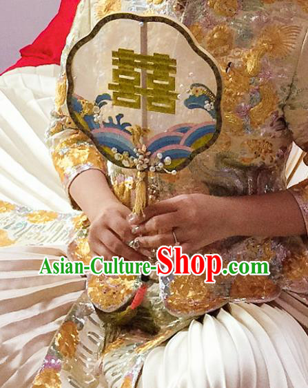 China Handmade Bride Palace Fan Traditional Xiuhe Suit Silk Fan Embroidered Wedding Fan