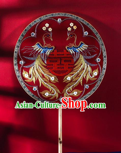 China Embroidered Sequins Phoenix Fan Handmade Bride Palace Fan Traditional Xiuhe Suit Red Silk Circular Fan