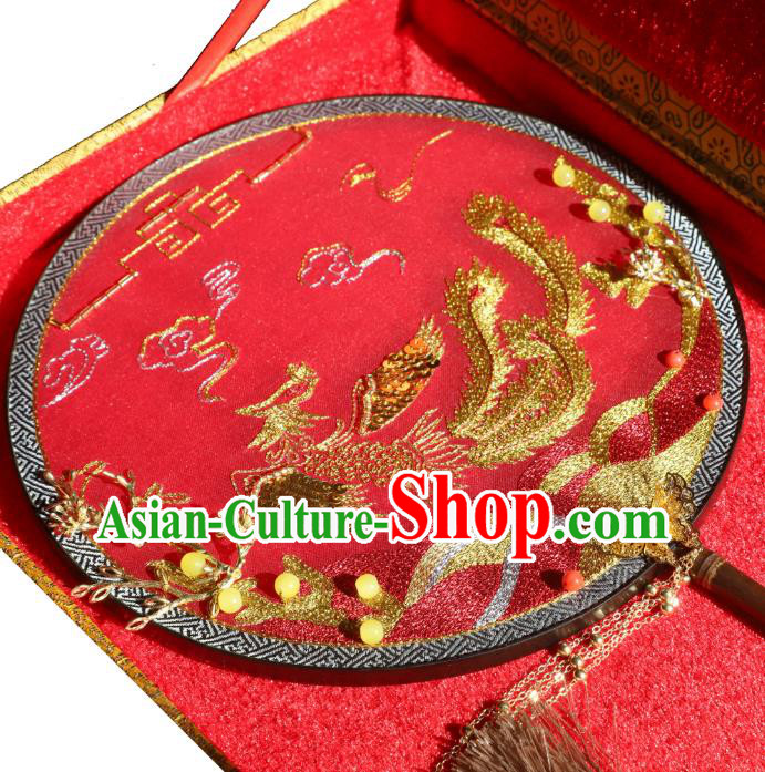 China Embroidered Golden Phoenix Fan Traditional Wedding Red Silk Circular Fan Handmade Bride Xiuhe Suit Palace Fan