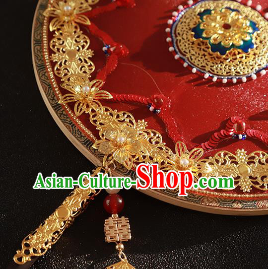 China Wedding Fan Handmade Bride Palace Fan Traditional Xiuhe Suit Red Silk Circular Fan