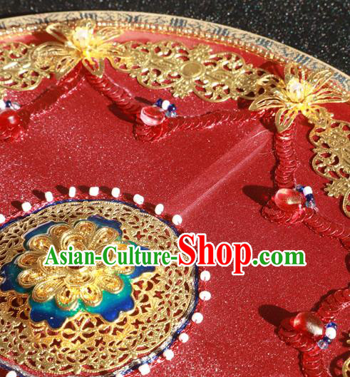 China Wedding Fan Handmade Bride Palace Fan Traditional Xiuhe Suit Red Silk Circular Fan
