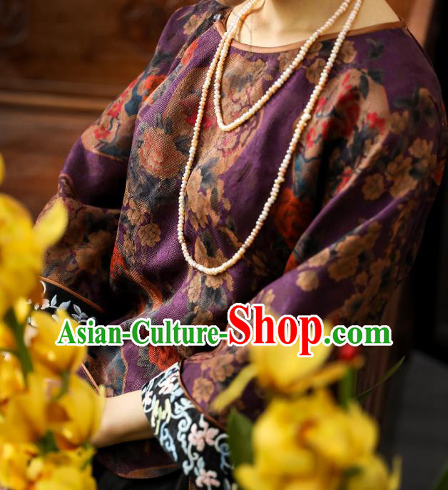 China Purple Gambiered Guangdong Gauze Upper Outer Garment Traditional Women Tang Suit Shirt