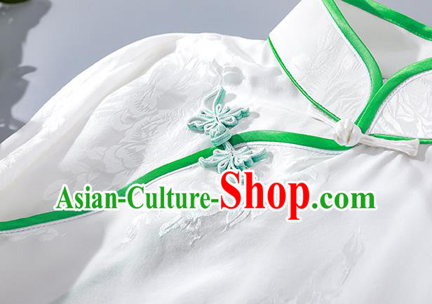 Asian Chinese National Young Lady Clothing Traditional Qipao Dress Classical White Silk Cheongsam