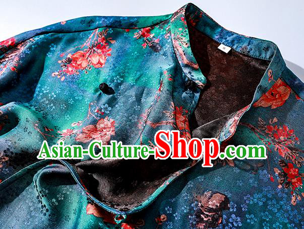 Asian Chinese Traditional Printing Blue Qipao Dress Classical Silk Cheongsam National Woman Clothing