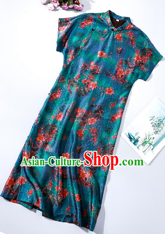 Asian Chinese Traditional Printing Blue Qipao Dress Classical Silk Cheongsam National Woman Clothing