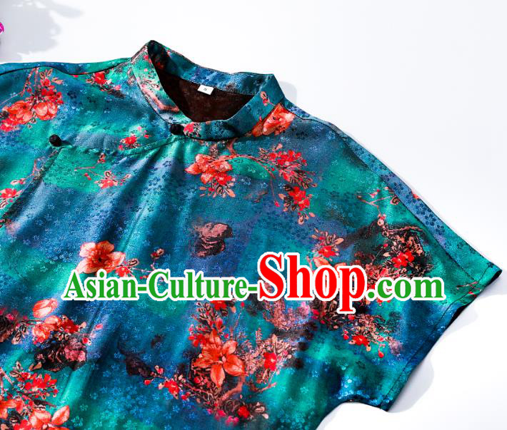 Asian Chinese Traditional Printing Blue Qipao Dress Classical Silk Cheongsam National Woman Clothing