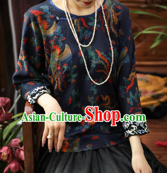 China Classical Phoenix Pattern Navy Gambiered Guangdong Gauze Upper Outer Garment Traditional Women Tang Suit Silk Shirt