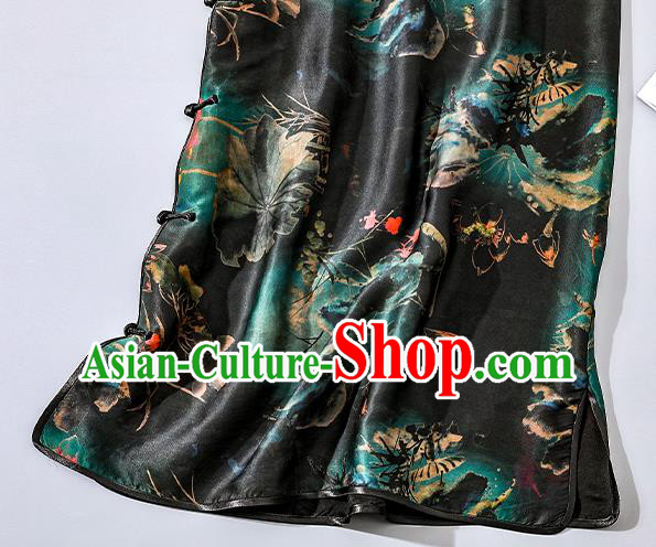 Asian Chinese National Woman Clothing Traditional Printing Lotus Qipao Dress Classical Black Silk Cheongsam