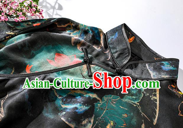 Asian Chinese National Woman Clothing Traditional Printing Lotus Qipao Dress Classical Black Silk Cheongsam