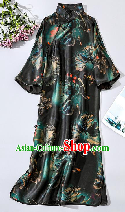 Asian Chinese National Woman Clothing Traditional Printing Lotus Qipao Dress Classical Black Silk Cheongsam