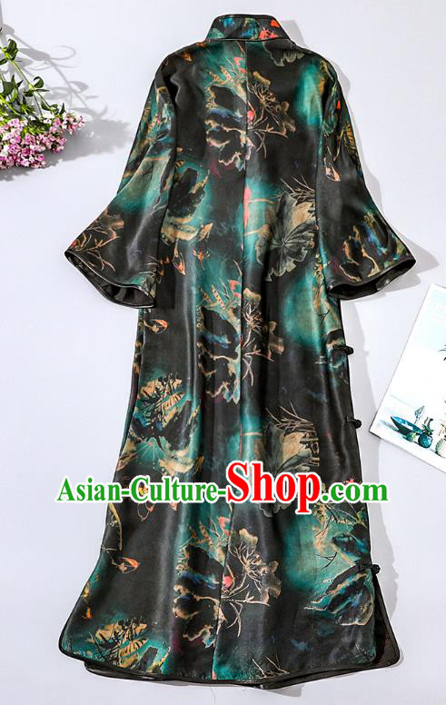 Asian Chinese National Woman Clothing Traditional Printing Lotus Qipao Dress Classical Black Silk Cheongsam