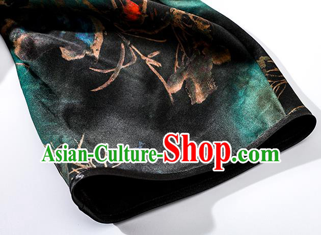 Asian Chinese National Woman Clothing Traditional Printing Lotus Qipao Dress Classical Black Silk Cheongsam