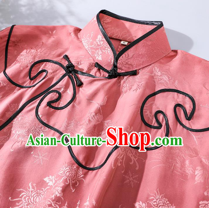 Asian Chinese Traditional Stand Collar Qipao Dress National Woman Clothing Classical Pink Silk Cheongsam