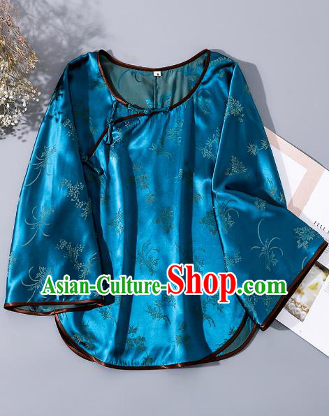 China Tang Suit Wide Sleeve Upper Outer Garment Traditional Cheongsam Blue Silk Shirt
