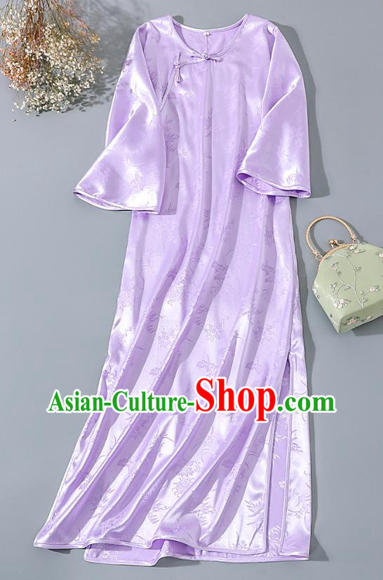 Asian Chinese National Shanghai Woman Clothing Classical Lilac Silk Cheongsam Traditional Slant Opening Qipao Dress