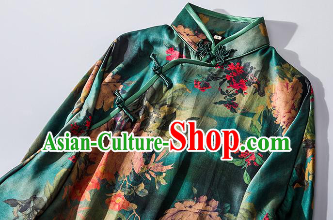 Asian Chinese Classical Green Silk Cheongsam Traditional Printing Qipao Dress National Shanghai Beauty Clothing
