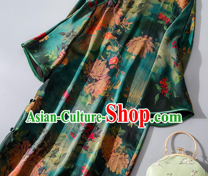 Asian Chinese Classical Green Silk Cheongsam Traditional Printing Qipao Dress National Shanghai Beauty Clothing