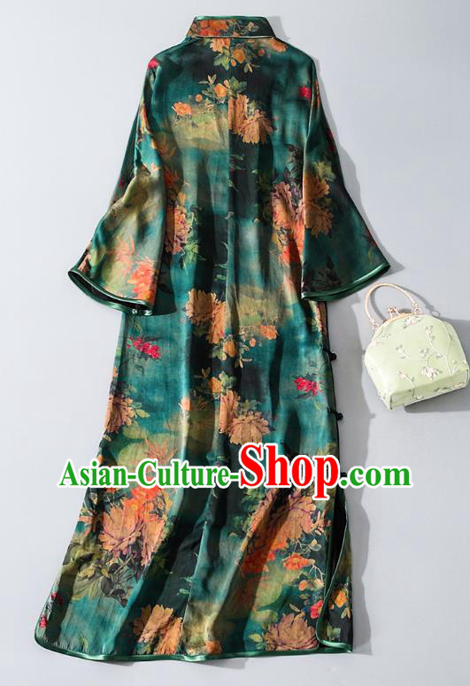 Asian Chinese Classical Green Silk Cheongsam Traditional Printing Qipao Dress National Shanghai Beauty Clothing