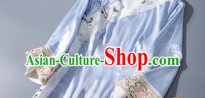 Asian Chinese Classical Light Blue Silk Cheongsam Traditional Embroidered Qipao Dress National Clothing
