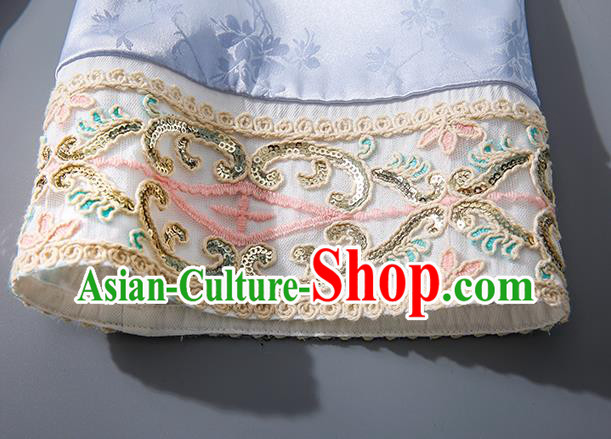 Asian Chinese Classical Light Blue Silk Cheongsam Traditional Embroidered Qipao Dress National Clothing