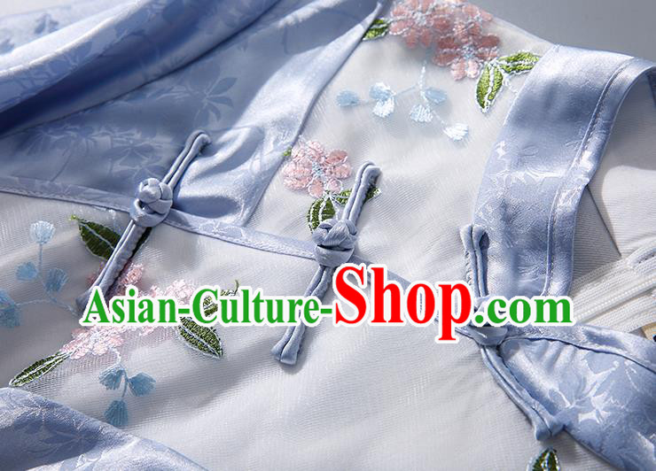 Asian Chinese Classical Light Blue Silk Cheongsam Traditional Embroidered Qipao Dress National Clothing