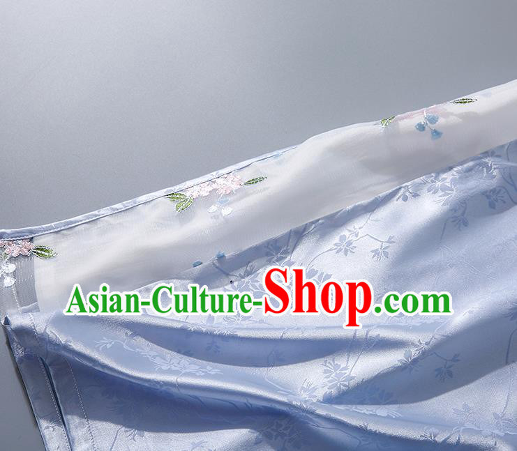 Asian Chinese Classical Light Blue Silk Cheongsam Traditional Embroidered Qipao Dress National Clothing