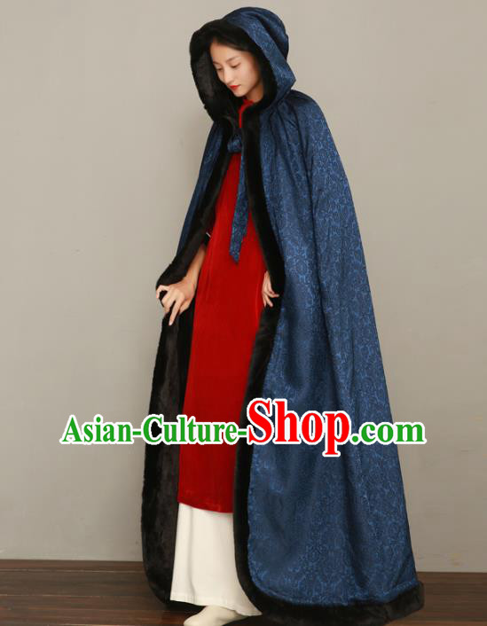 Chinese Traditional Winter Costume National Women Navy Silk Cape Cotton Wadded Cloak