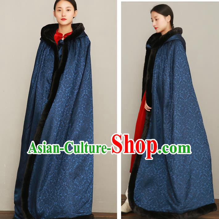 Chinese Traditional Winter Costume National Women Navy Silk Cape Cotton Wadded Cloak