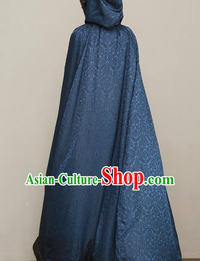 Chinese Traditional Winter Costume National Women Navy Silk Cape Cotton Wadded Cloak