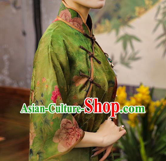 Asian Chinese Traditional Shanghai Woman Silk Qipao Dress Classical Green Gambiered Guangdong Gauze Cheongsam