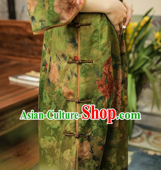 Asian Chinese Traditional Shanghai Woman Silk Qipao Dress Classical Green Gambiered Guangdong Gauze Cheongsam