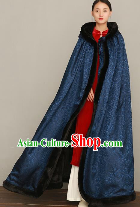 Chinese Traditional Winter Costume National Women Navy Silk Cape Cotton Wadded Cloak
