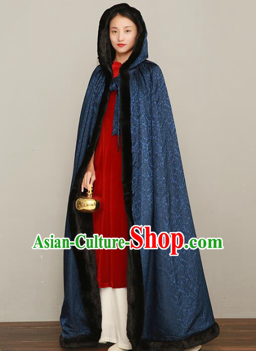Chinese Traditional Winter Costume National Women Navy Silk Cape Cotton Wadded Cloak