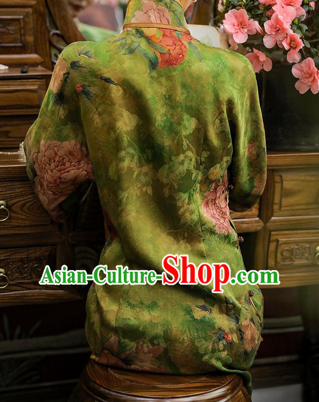 Asian Chinese Traditional Shanghai Woman Silk Qipao Dress Classical Green Gambiered Guangdong Gauze Cheongsam