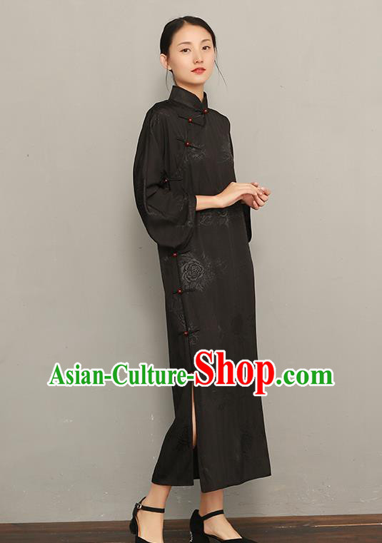 Asian Chinese Traditional Tang Suit Black Silk Qipao Dress National Young Lady Clothing Classical Cheongsam
