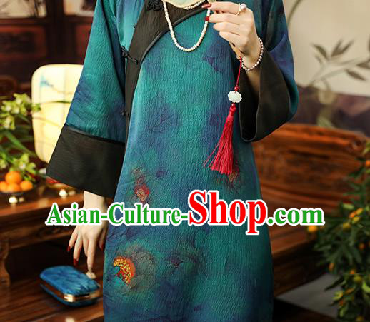 Asian Chinese Traditional Young Beauty Silk Qipao Dress Blue Gambiered Guangdong Gauze Classical Cheongsam