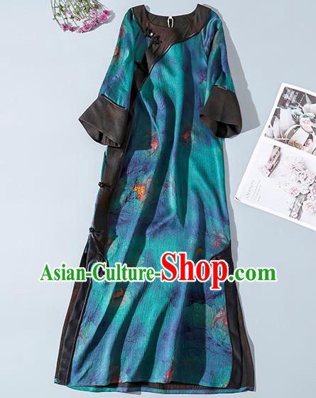 Asian Chinese Traditional Young Beauty Silk Qipao Dress Blue Gambiered Guangdong Gauze Classical Cheongsam