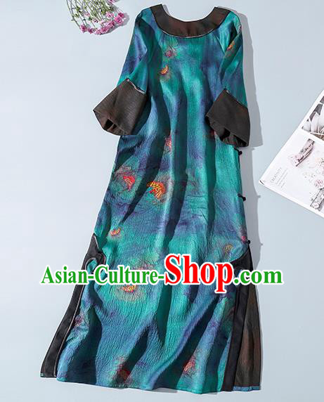 Asian Chinese Traditional Young Beauty Silk Qipao Dress Blue Gambiered Guangdong Gauze Classical Cheongsam