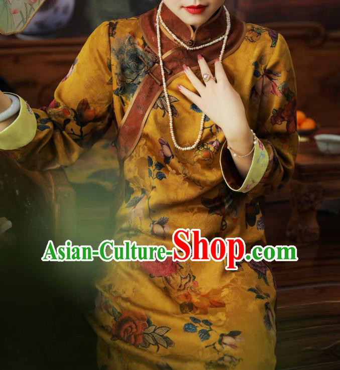 Asian Chinese Classical Peony Pattern Gambiered Guangdong Gauze Cheongsam Traditional Young Beauty Yellow Silk Qipao Dress