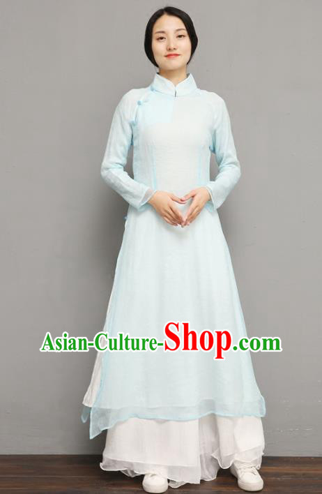 Asian Chinese Classical Woman Costume Traditional Tang Suit Light Blue Qipao Dress National Zen Clothing