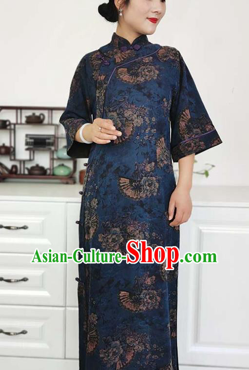 Asian Chinese Classical Shanghai Beauty Costume Traditional Tang Suit Navy Blue Silk Qipao Dress