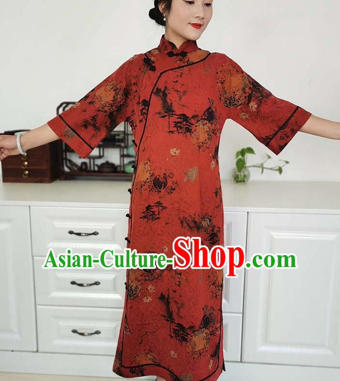 Asian Chinese Traditional Tang Suit Red Silk Qipao Dress Classical Shanghai Beauty Costume