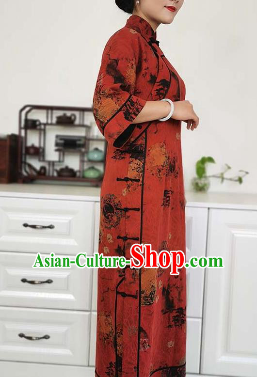 Asian Chinese Traditional Tang Suit Red Silk Qipao Dress Classical Shanghai Beauty Costume
